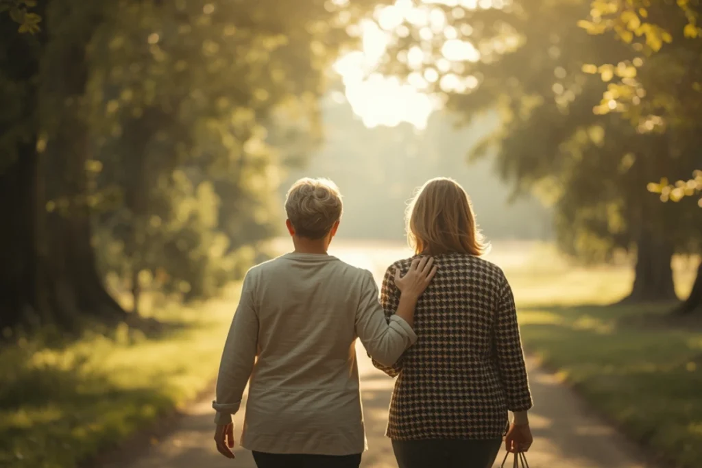 Two people walking together on a sunlit path, partial profiles, the quality of supportive conversation and companionship