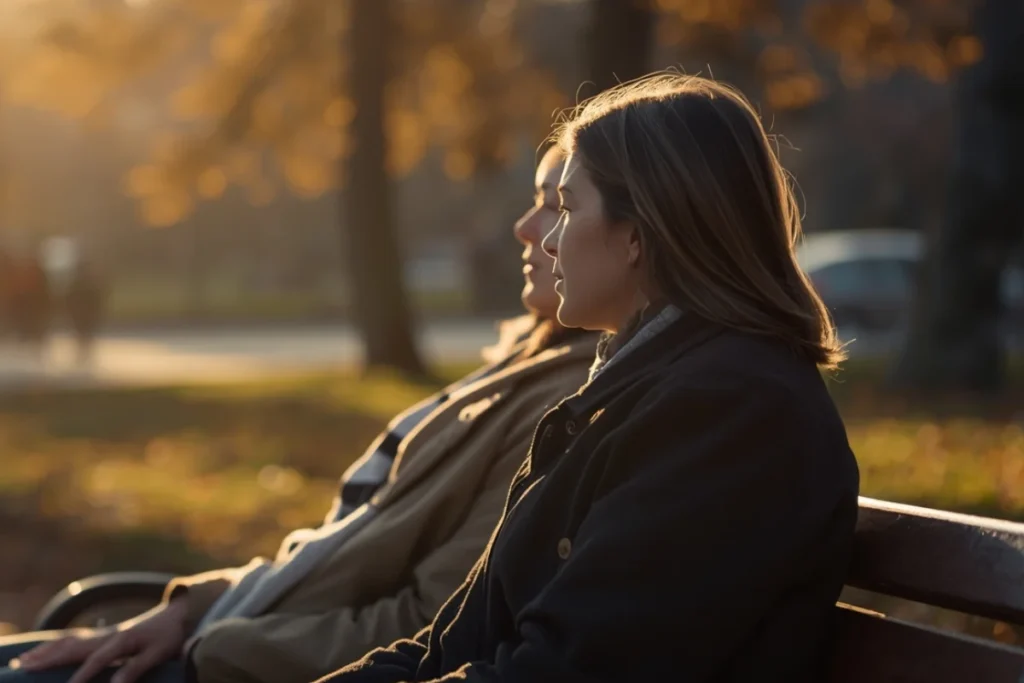 Two people in quiet conversation on a park bench in soft afternoon light
