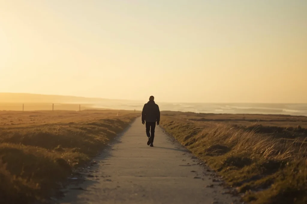 Person walking coastal path from behind, wide open landscape, morning light, journey in progress with emerging clarity