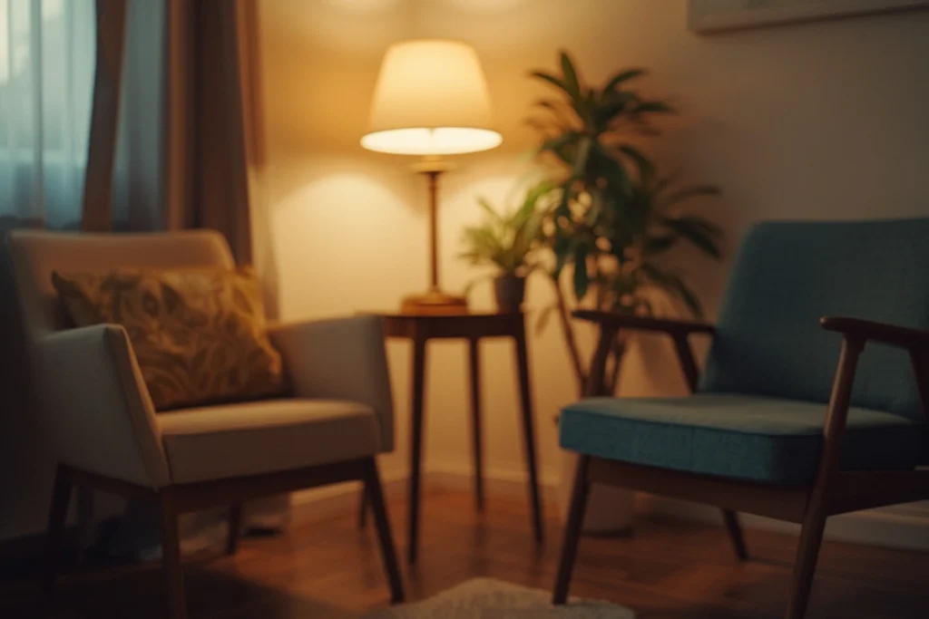 Two chairs angled toward each other in softly lit warm room with lamp and plant, calm welcoming space