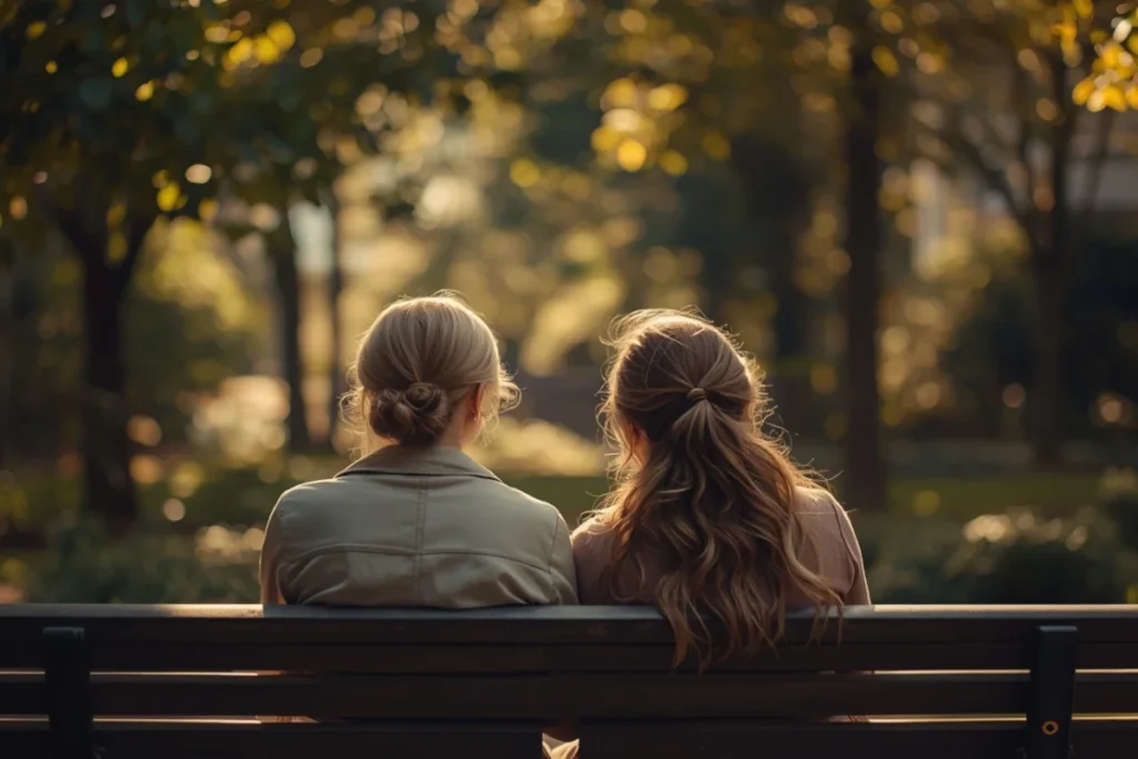Two women sitting together on garden bench in dappled sunlight, faces partially visible, calm and attentive