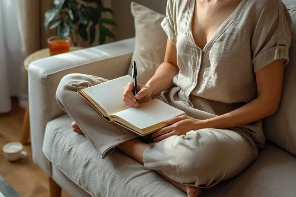 Person seated on sofa with open journal and pen, soft window light, plant and tea beside them, quiet atmosphere