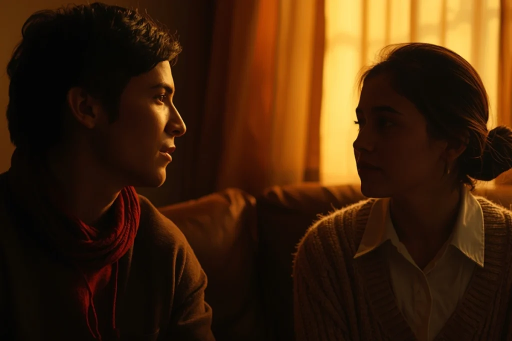 Two people in warm conversation in softly lit room, partial view, quality of being heard and accompanied