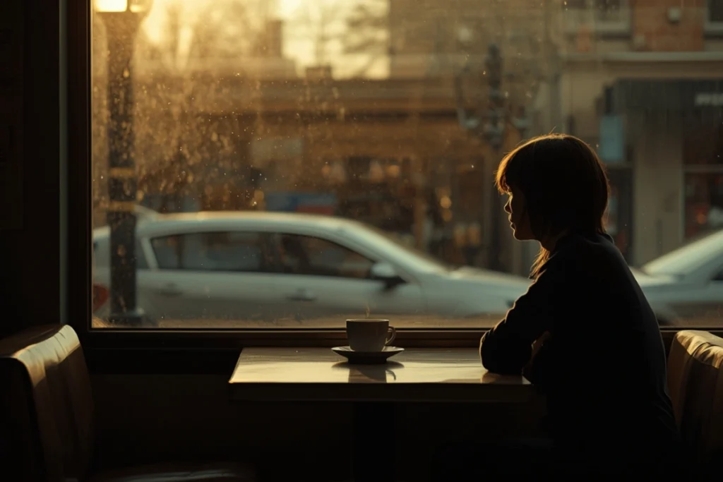 warm ambient interior light, a sense of the weight of ordinary moments when held alone 