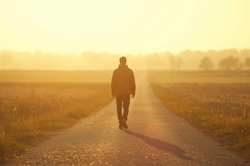 Back-facing person walking along open path in warm afternoon light, measured forward movement, quiet self-possession