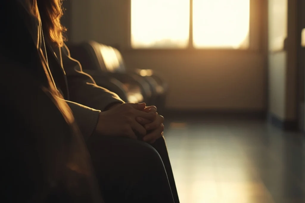 Partial figure of a person seated in a softly lit corridor, forward-leaning, calm and composed posture