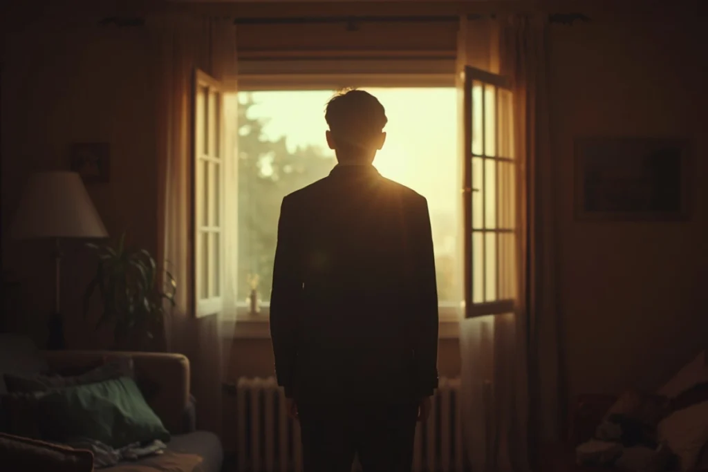 Back-facing figure in softly lit living room looking toward open window, warm afternoon light, calm posture