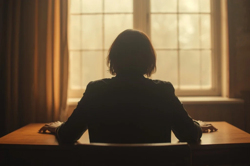 Person seated at desk near window, hands resting still, warm diffused light, quiet forward-leaning posture