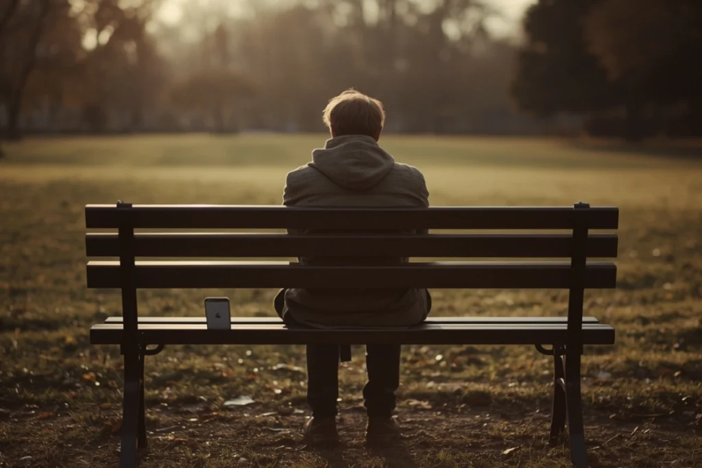 Person sitting alone on park bench with phone face-down, soft afternoon light, open park behind
