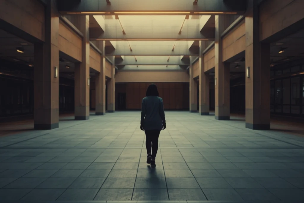 Person walking through an open architectural space with intersecting pathways, warm ambient light, calm forward movement