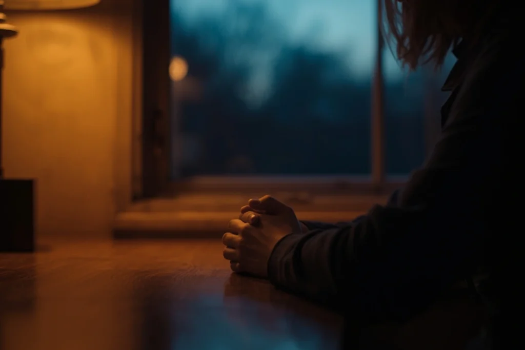 Partial figure seated at a table near a dusk window, hands flat, posture of quiet deep thought