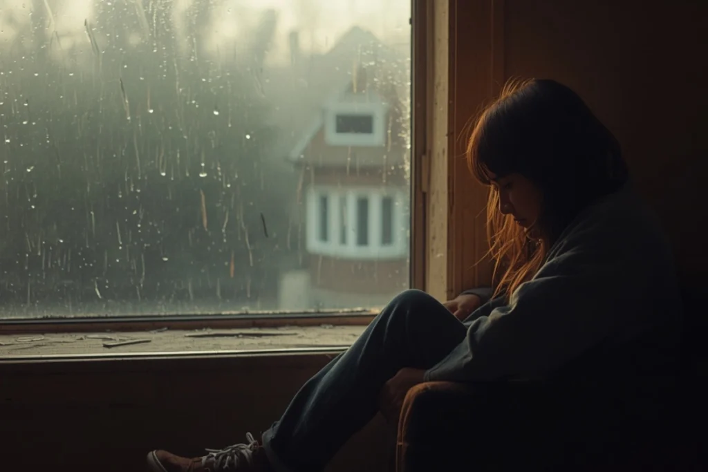 Partial figure seated near a rain-streaked window in quiet interior, side light, posture of thoughtful stillness