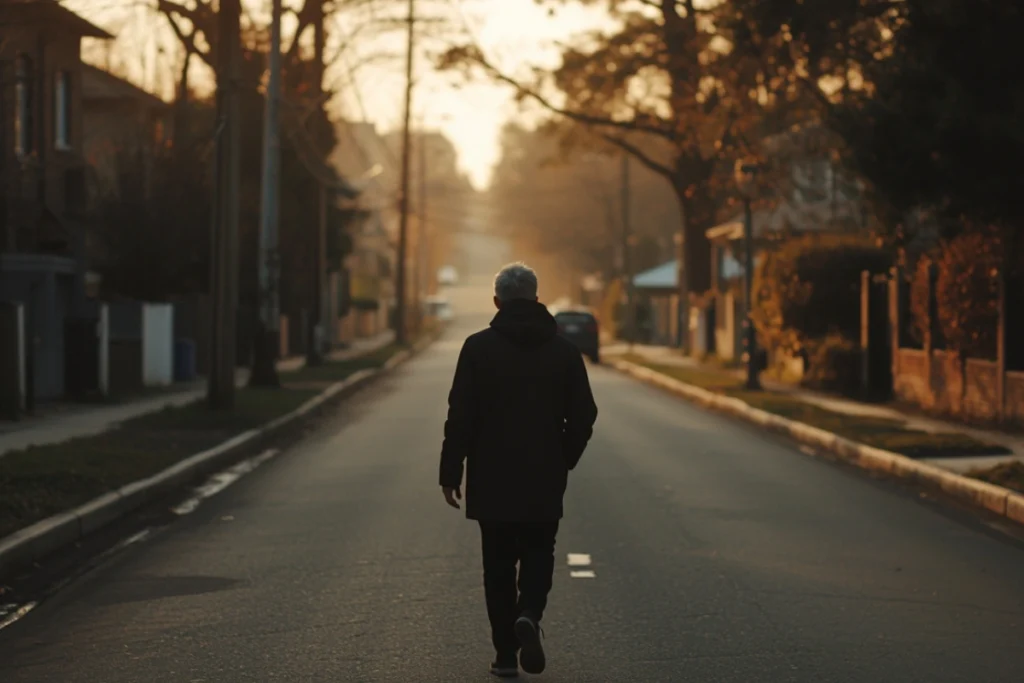 Person walking along quiet residential street, back to camera, in warm early morning golden light with open path ahead