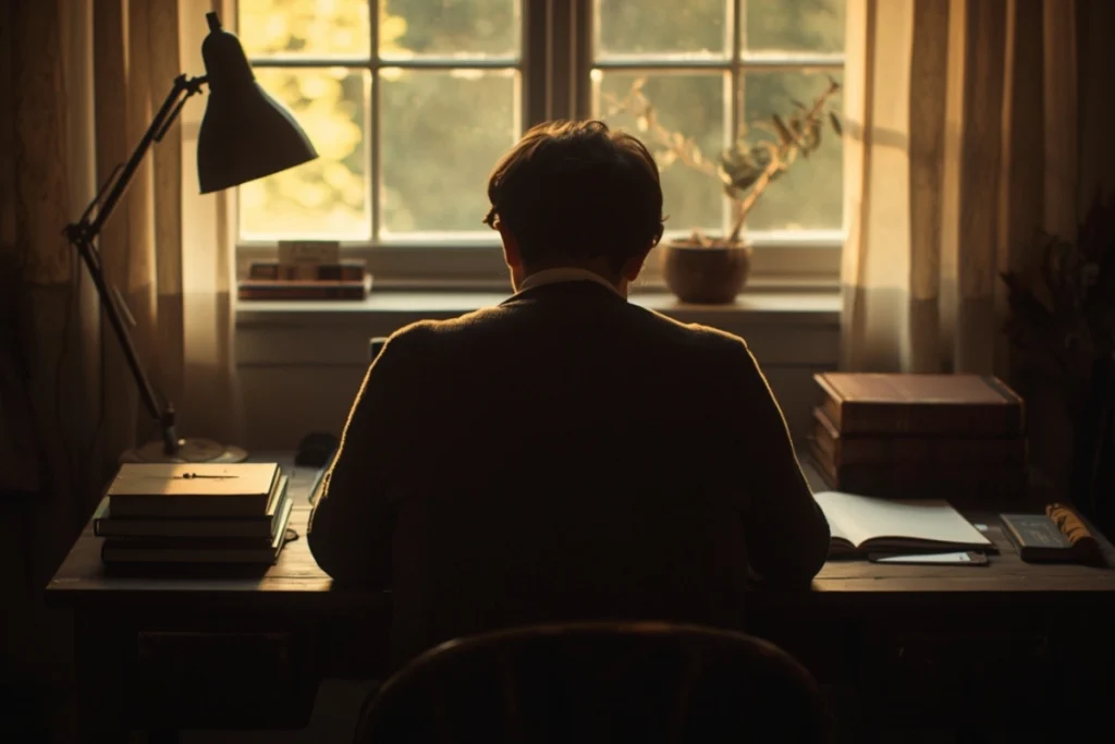 Person writing in journal at sunlit wooden desk, warm interior light, focused and deliberate, quiet purposeful scene