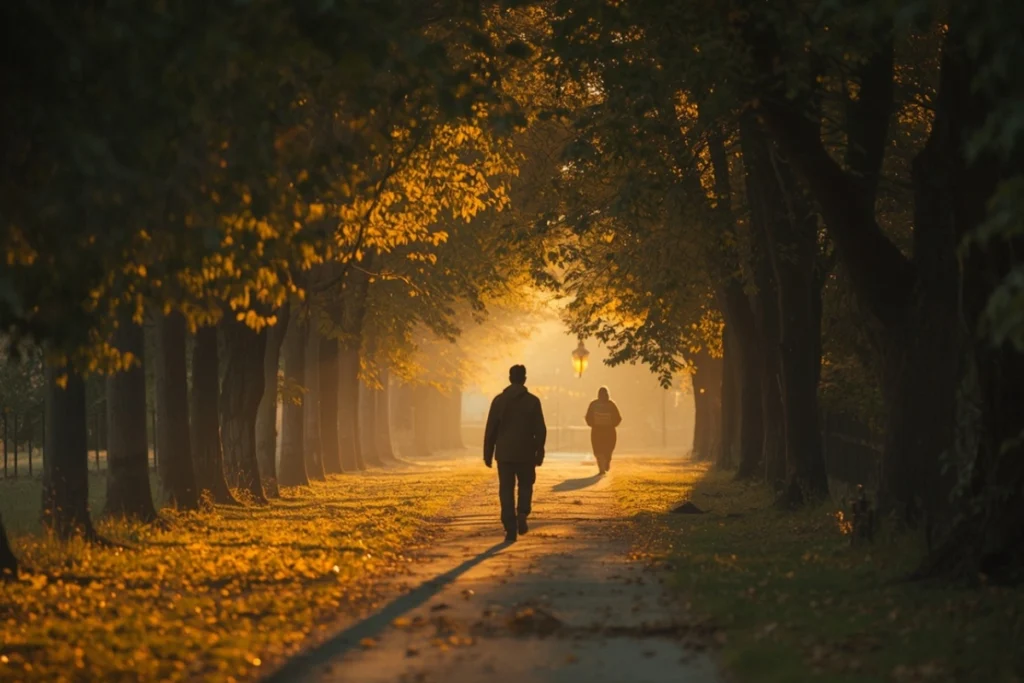 Back-facing person walking a quiet tree-lined path in soft morning light with a purposeful steady pace