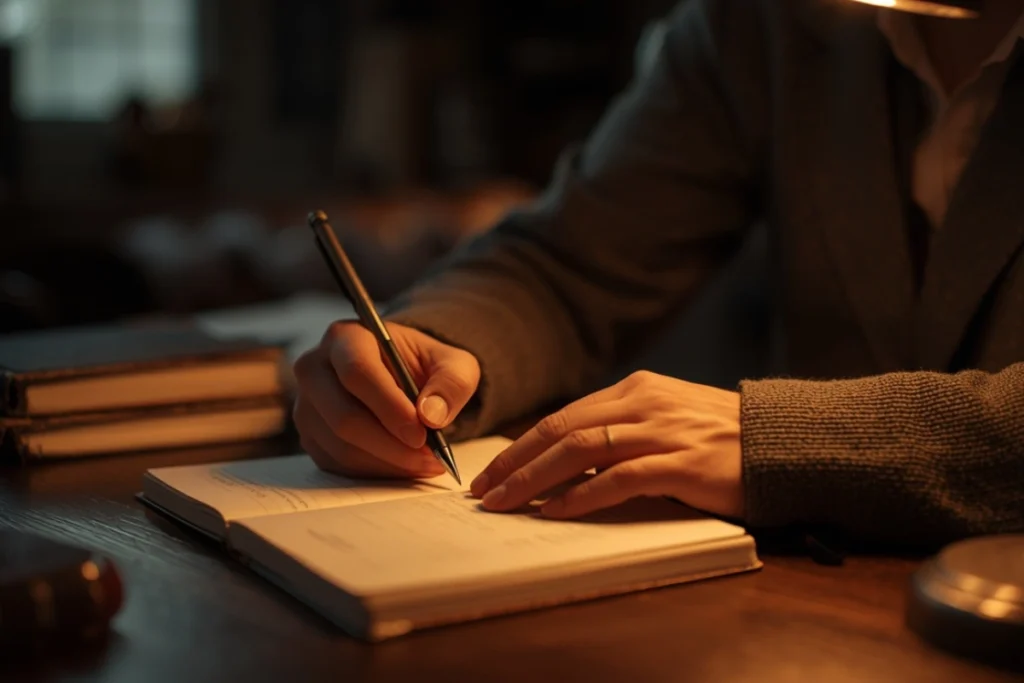 Partial view of a person writing in a journal at a wooden desk, warm lamp light, quiet purposeful atmosphere