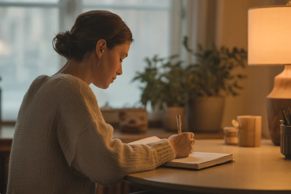 Person writing in journal at warm-lit table, soft lamp light, focused and purposeful posture