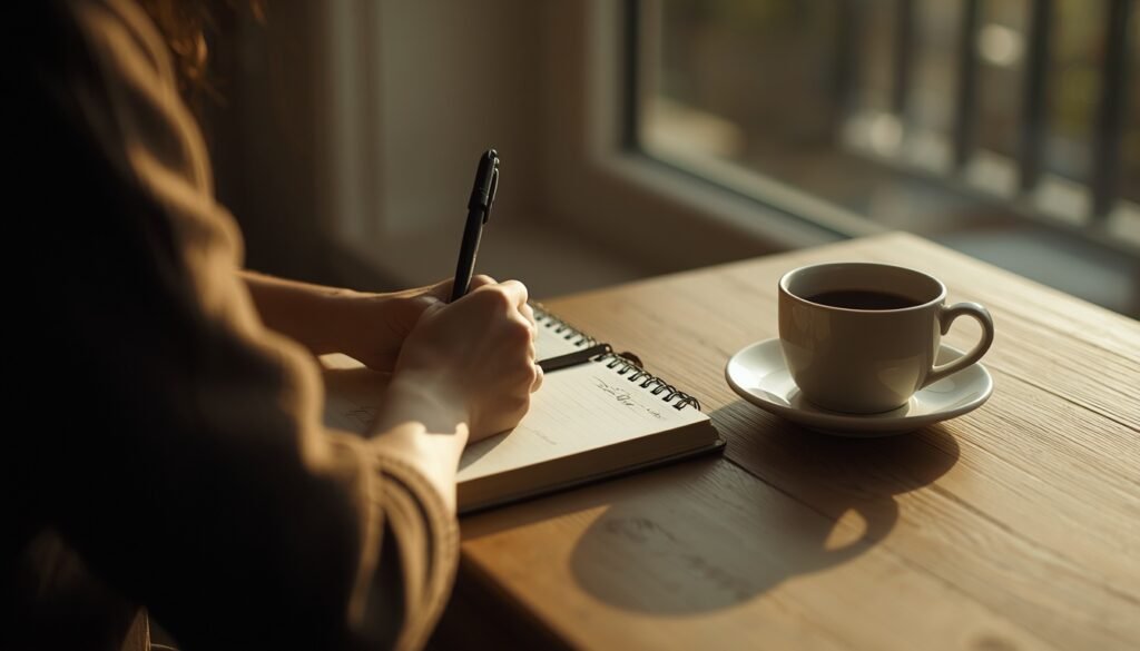 Person writing in a journal at a warm wooden table by a window in morning light, posture focused and purposeful