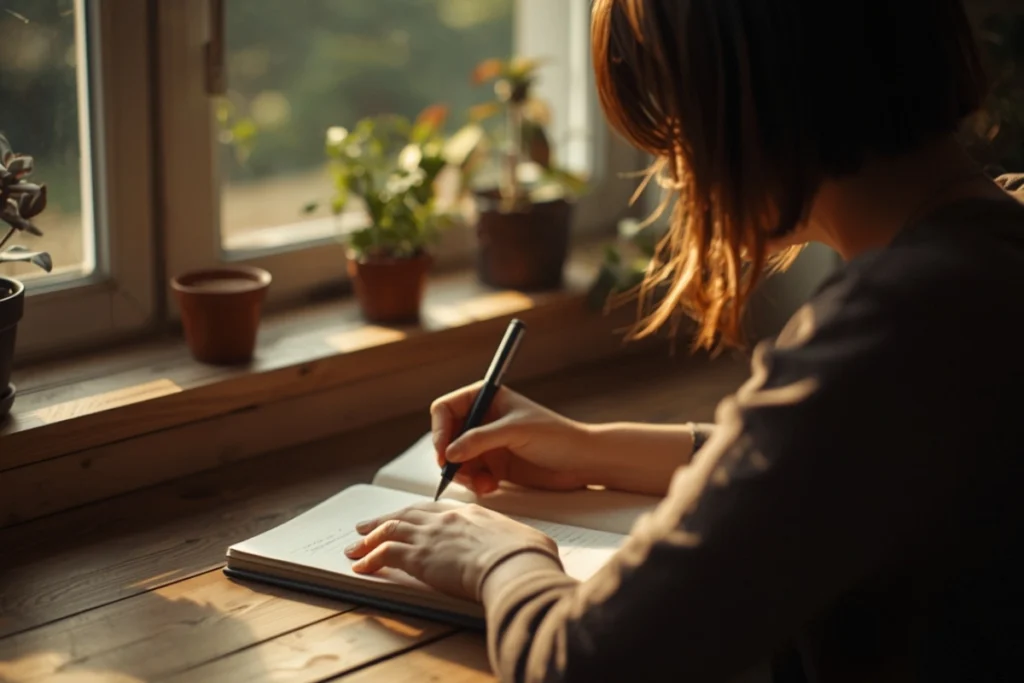Person writing in journal at wooden desk near window with plants, warm afternoon light, partial profile