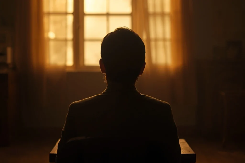 Person seated in a warm softly lit room with quiet intentional posture, forward-leaning sense of purposeful presence