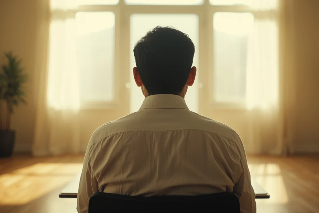 Back-facing figure at a bright open desk with journal, upright focused posture in natural daylight