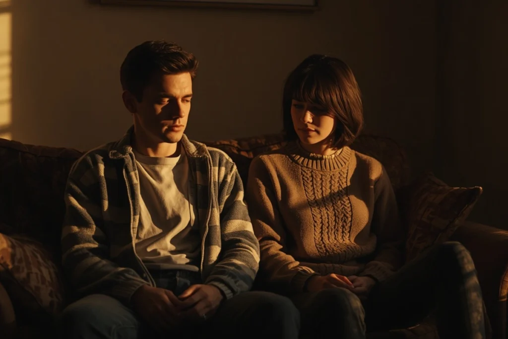 Two people seated side by side in a warm sunlit room, posture of quiet companionship and steady presence