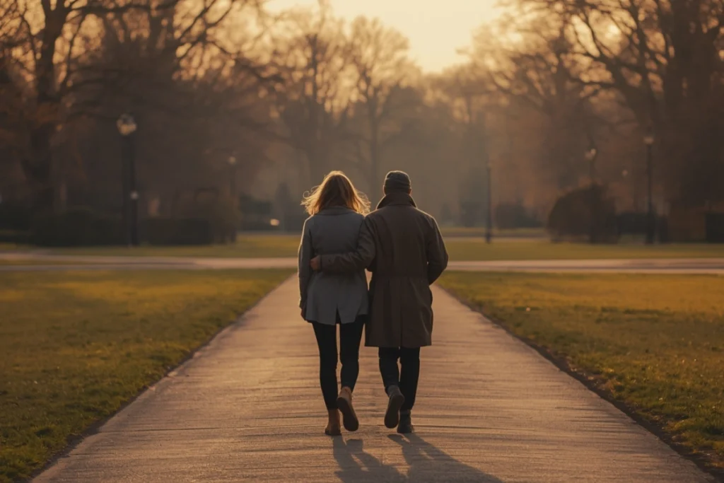 Two people walking side by side along park path from behind, unhurried, in warm afternoon light suggesting quiet companionship