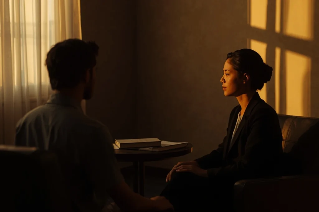 Two people in a warmly lit room seated in conversation, faces turned away, afternoon light, professional and human setting