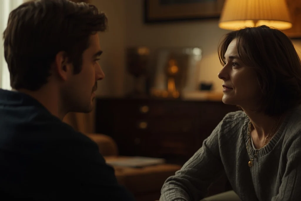 Two people seated in warm living room, open calm postures suggesting conversation, soft afternoon light