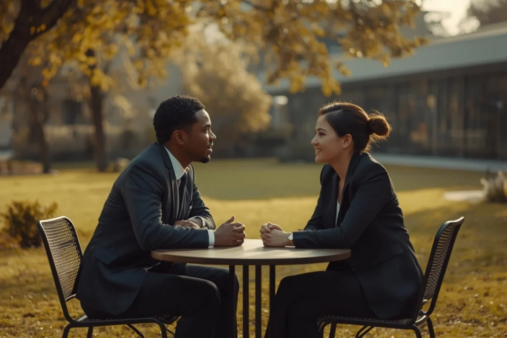 Two people in professional clothing seated at an outdoor table in a garden, in warm attentive conversation in midday light