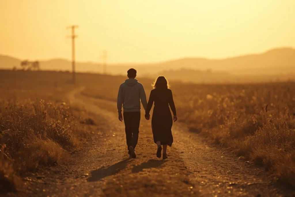 Two people walking side by side on a warm sunlit path, calm companionable posture, faces not fully visible
