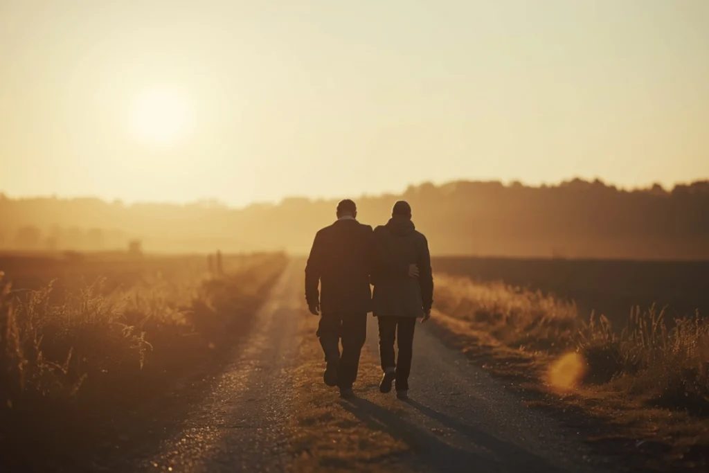 Two figures walking side by side on a sunlit path, seen from behind in warm golden hour light