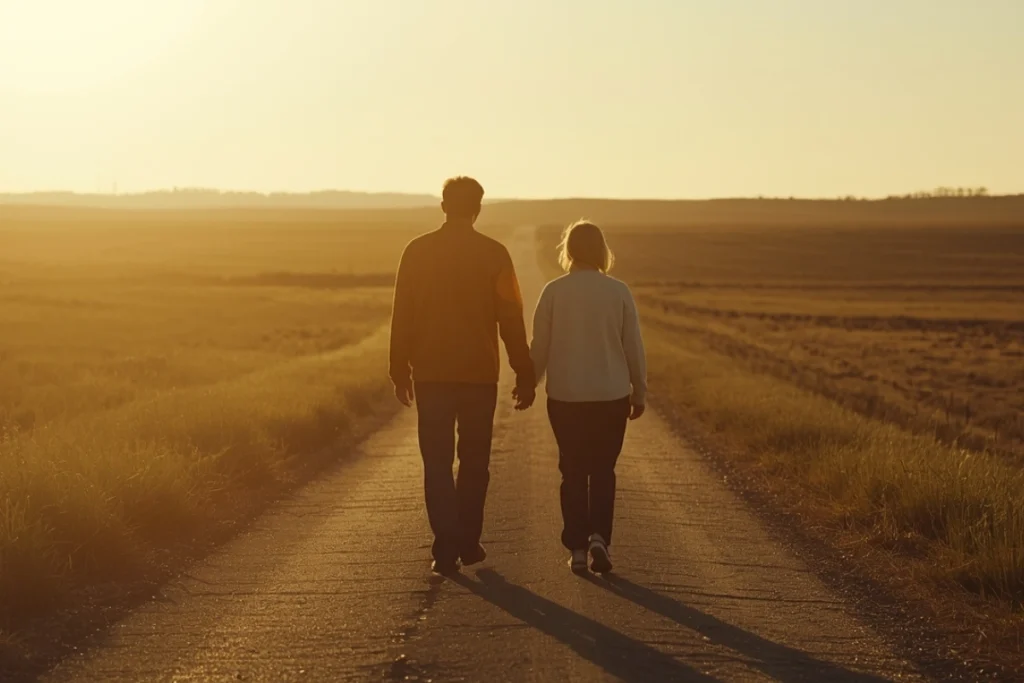 Two people walking side by side on a sunlit path through an open landscape, angled away from camera 