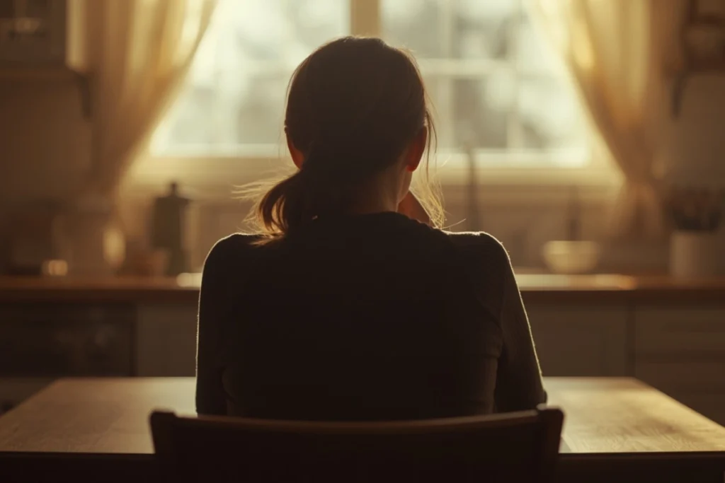 Woman sitting at kitchen table with warm mug, morning light through window, quiet contemplative posture