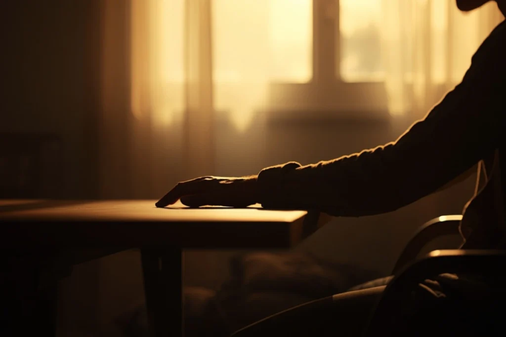 Person's hand resting on table in soft morning light, quiet room, warm amber tones, stillness after tension