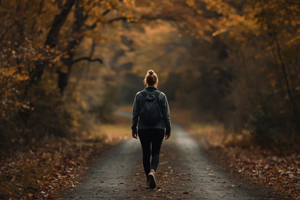 Woman walking along quiet forest path in dappled autumn light, upright purposeful posture, warm tones