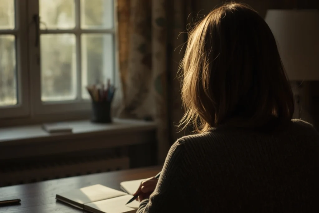 Person at a desk near a window with an open journal, pen in hand, soft afternoon light, quiet reflective atmosphere