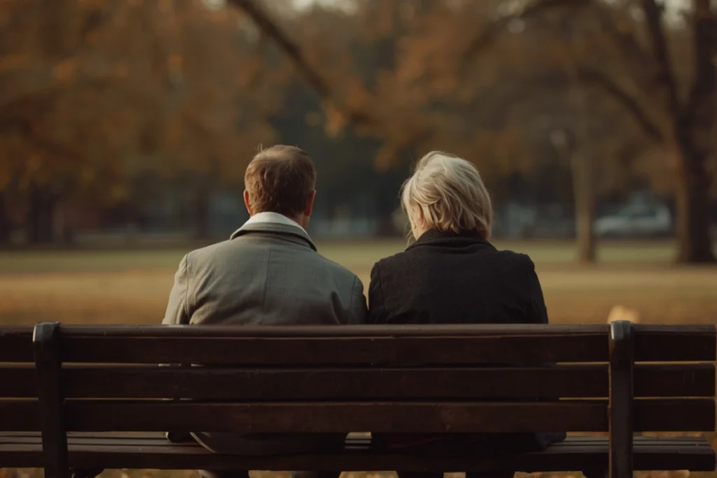 Two people sitting side by side on a park bench facing the same direction, warm late afternoon light through trees