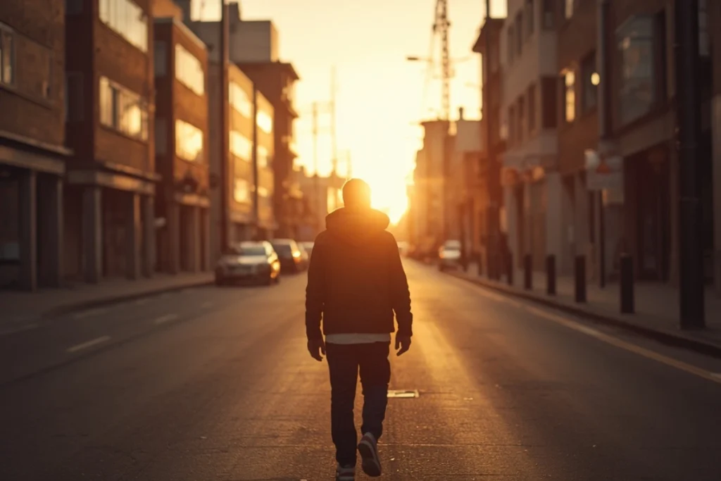 Back-facing figure walking down a quiet urban street in warm late afternoon light