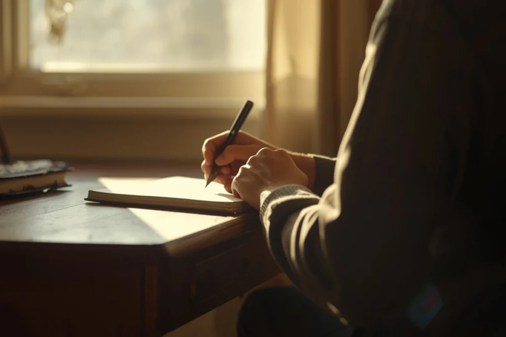 Partial figure seated at a wooden desk near a window in soft morning light, journal open