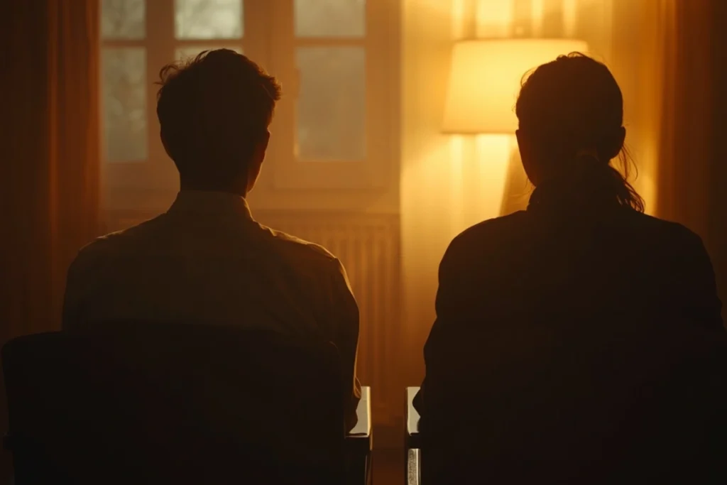Two people seated facing each other in a warm interior, seen from behind, in calm mutual conversation