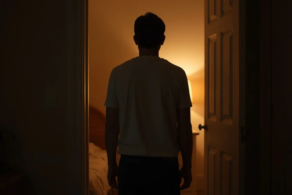 Adult standing in child's bedroom doorway at evening, soft lamp light, back-facing, quiet tender domestic scene
