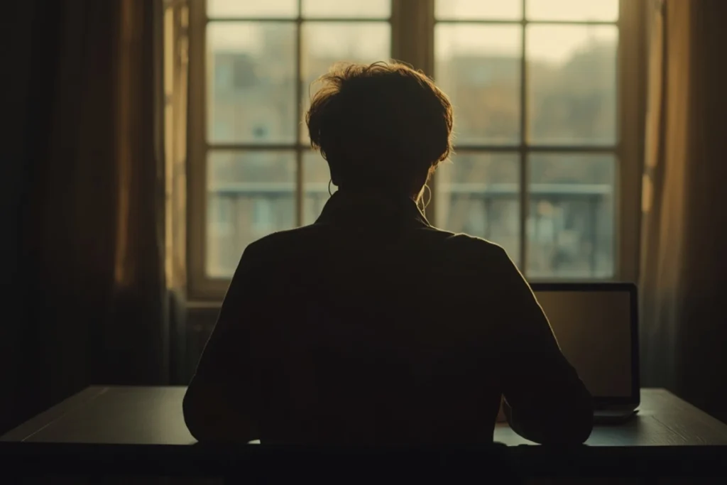 Person seated at table with closed laptop, hands folded, looking toward window in afternoon light