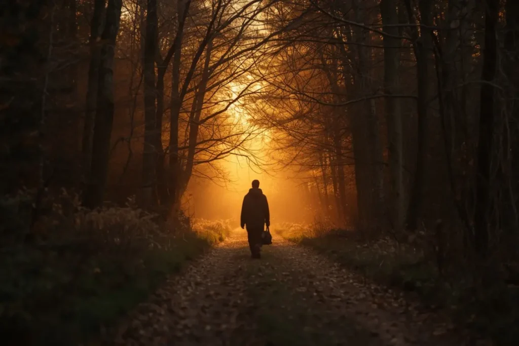 Person walking along a woodland path toward warmer brighter light ahead, back-facing, a sense of emerging clarity and forward direction