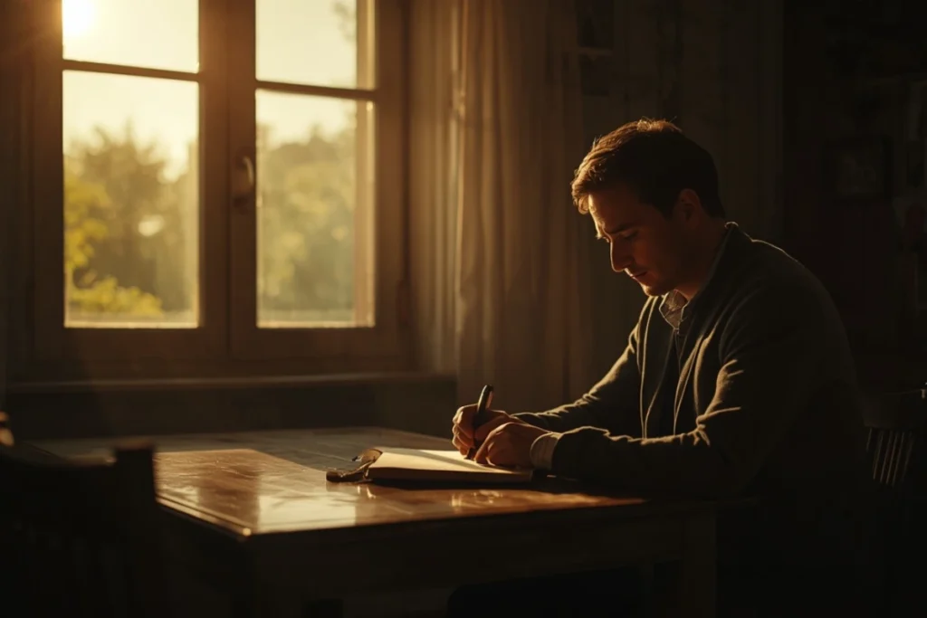 Adult writing in a journal at a wooden desk near a window, warm afternoon light, calm and purposeful posture