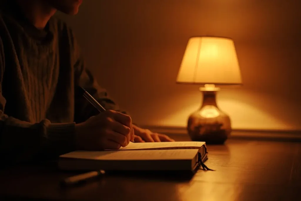 Adult figure seated at a warmly lit table with an open notebook, in focused quiet self-directed work 