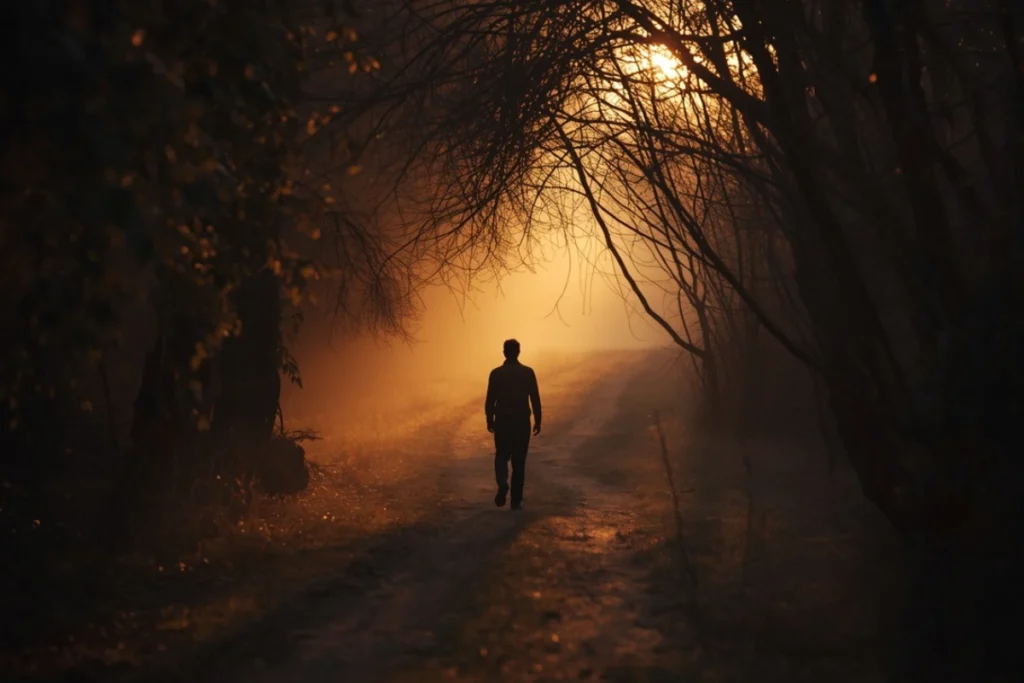 Person walking forest path in morning light filtering through trees, back-facing, gradual clarity and purposeful movement
