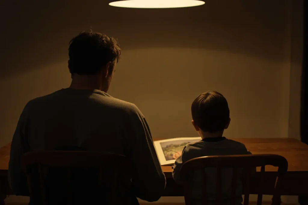 Adult and child seated together at a warm kitchen table looking at an open book, soft lamp light, quiet evening 
