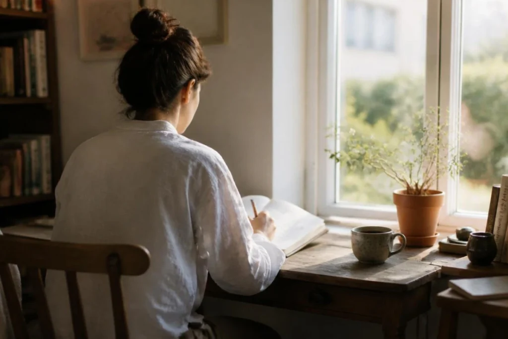 Person writing in journal at small desk in warm morning window light, back-facing, purposeful and calm