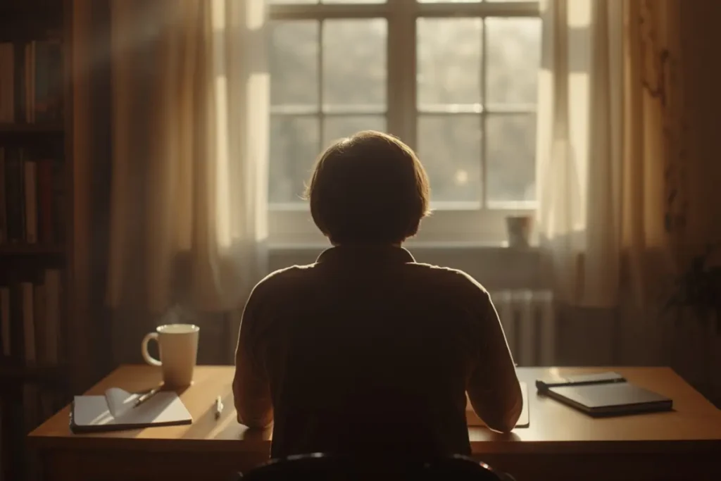Person writing in a journal at a desk by a window in warm morning light, back-facing, focused and purposeful